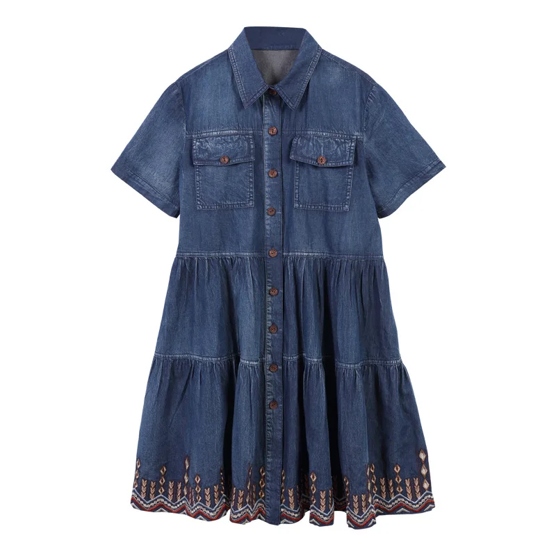 

Women Summer Embroidery Vintage Short Sleeve Slim Fit Lightweight Denim Mini Dress Female Casual Loose Jeans Dress