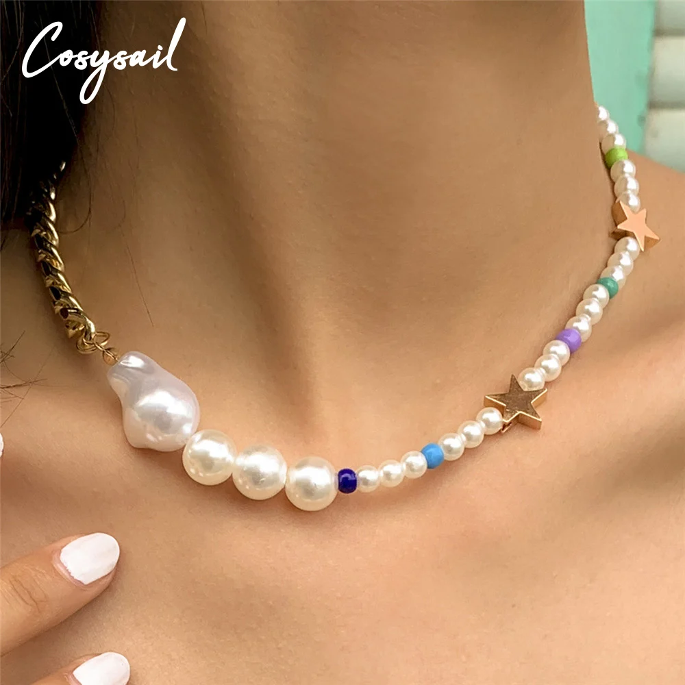 

Cosysail Bohemian Star Choker Necklace Baroque Imitation pearls Beaded Collar Necklace for Women Girl Party Summer Jewelry Gift