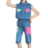 2021 kids girls summer clothes denim outfits fashion sleeveless shirt tops pants 2pcs suit children clothing tracksuit 5 14y