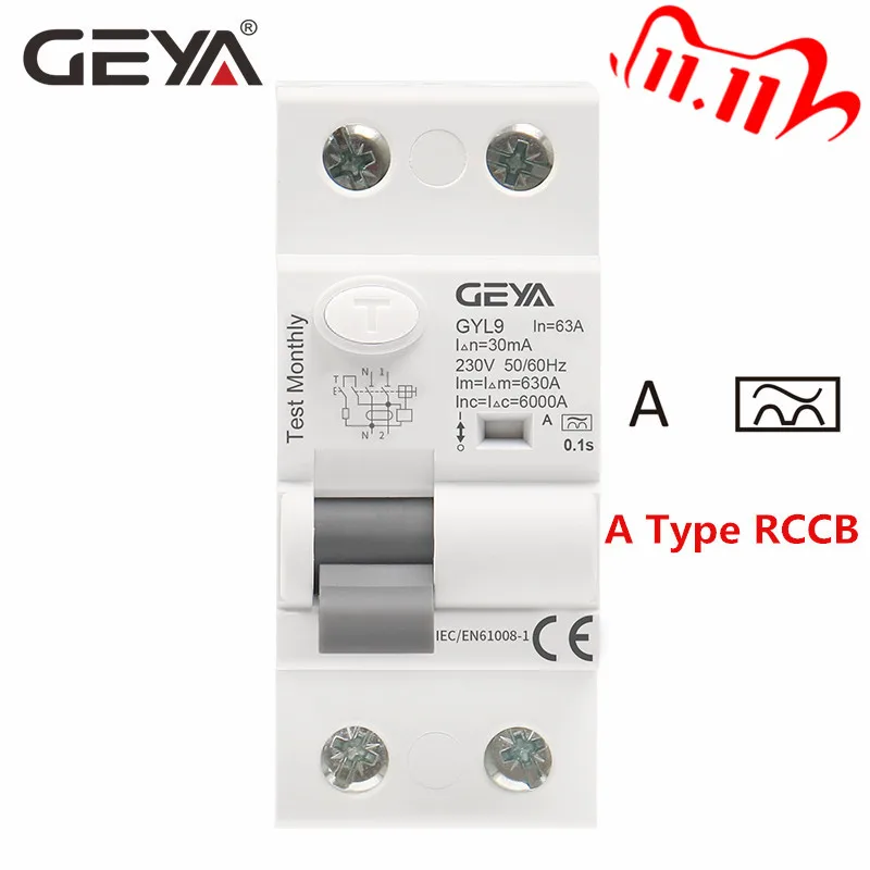 GEYA A Type RCD Прерыватель Цепи при утечке на землю AC ELCB 2 Pole 40A 63А 30мА 100мА 300мА