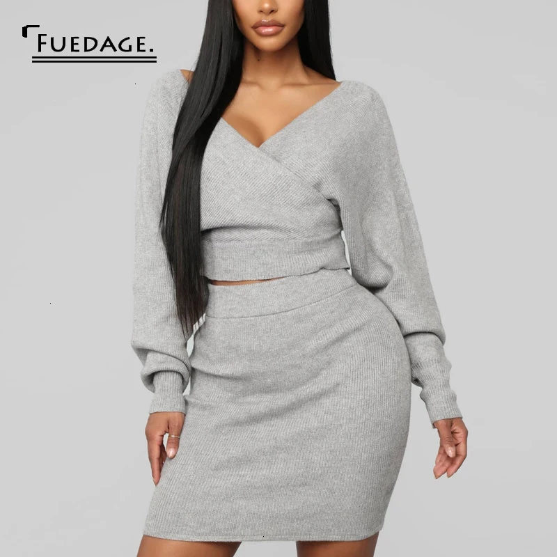 Fuedage Spring Sexy Two Piece Set Women V Neck Batwing Sleeve Hollow Out 2 Knitting Party Outfits |