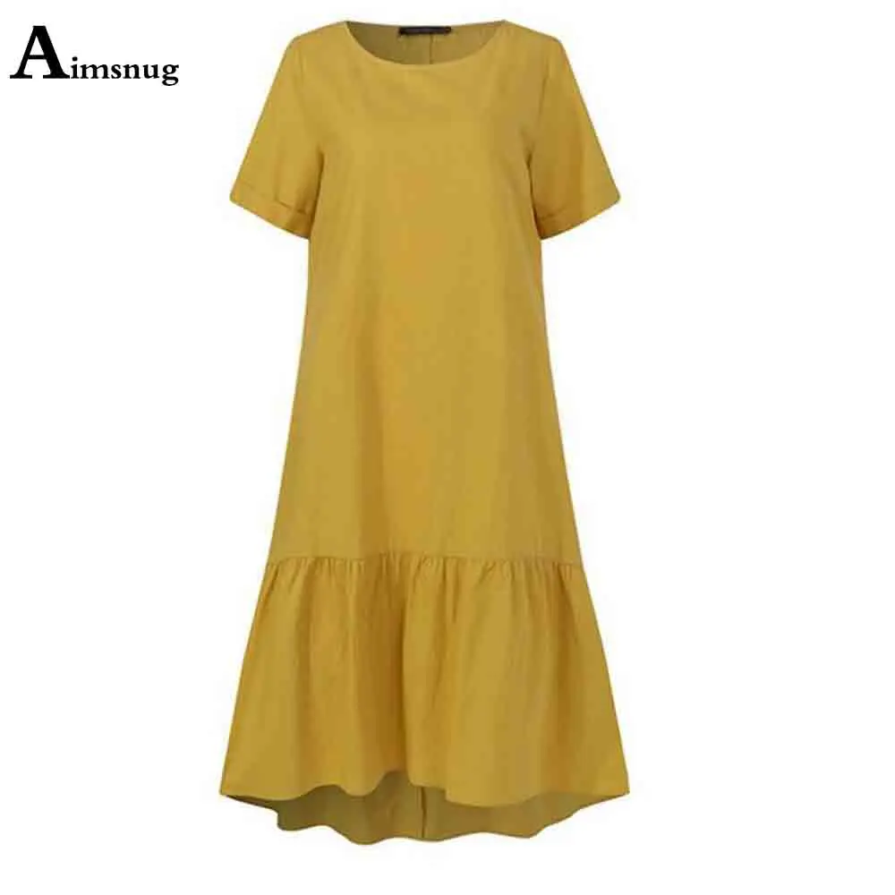 

Cotton Linen Mid-Calf Dress For Women Solid Leisure Short Sleeve Loose Dress 2021 New Pleated Summer Beach Dresses Femme Clothes