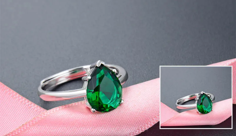 Jellystory Classic 925 Sterling Silver Open Rings Water Drop Shaped Emerald Gemstones for Women Fine Jewelry Wedding Party Gifts
