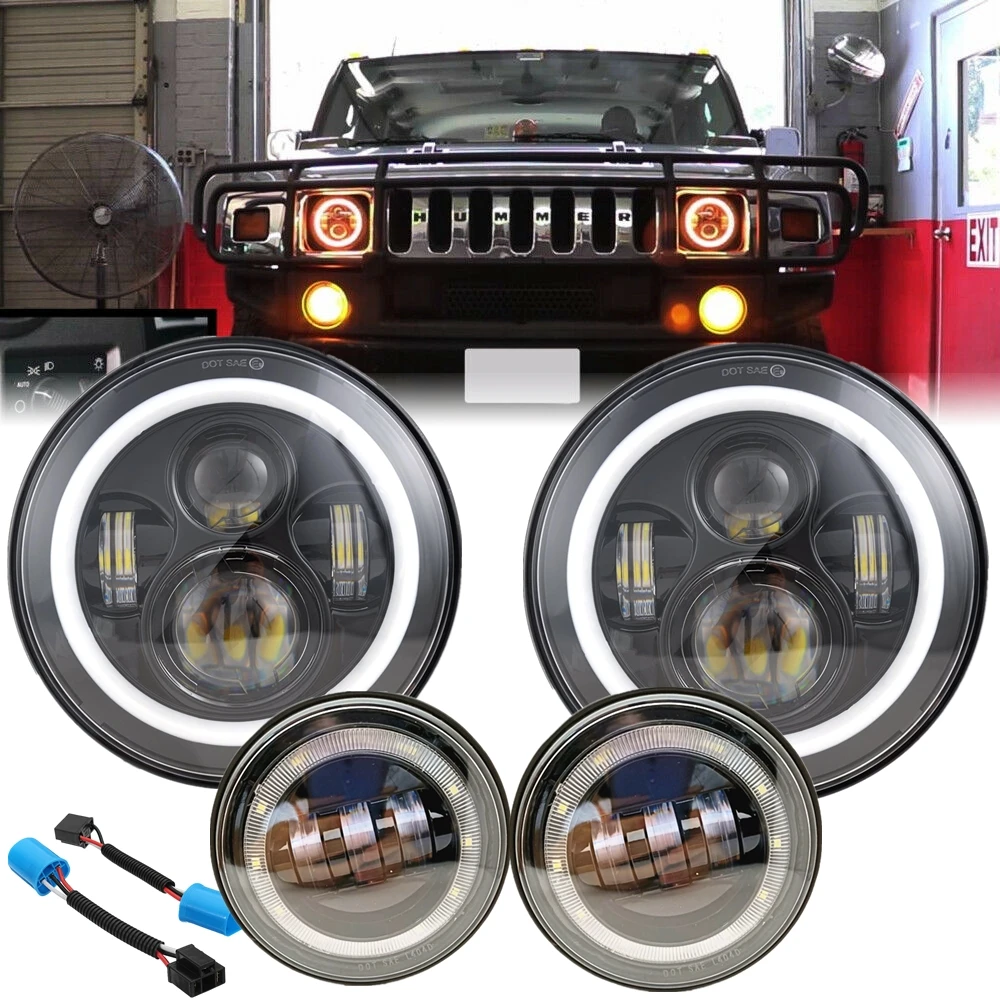 Для 2003 2009 Hummer H2 Круглый 7 дюймов Led Healight с DRL Белый Halo Кольцо Противотуманные фары