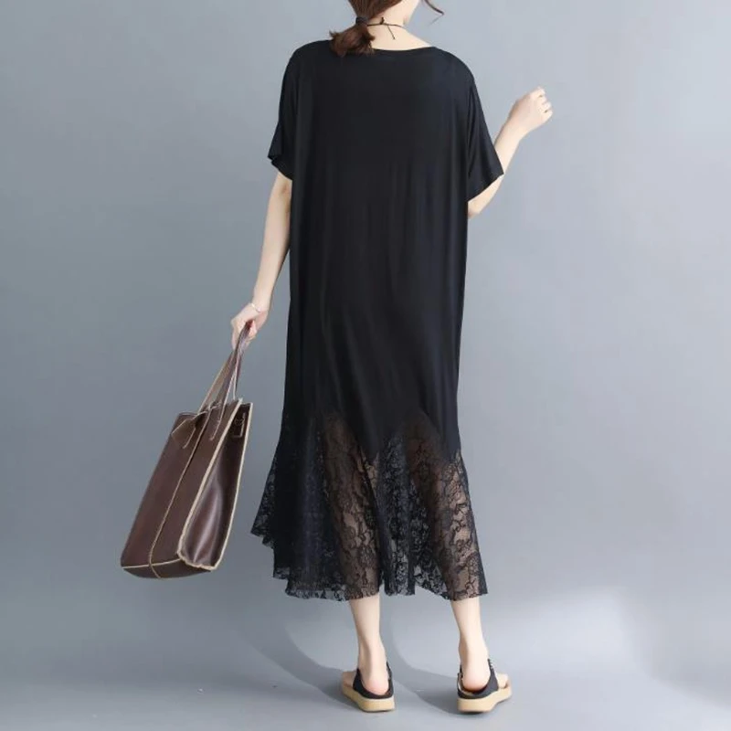Большая женская 300jin жира мм летнее платье с кружевным плетением и модала длинное