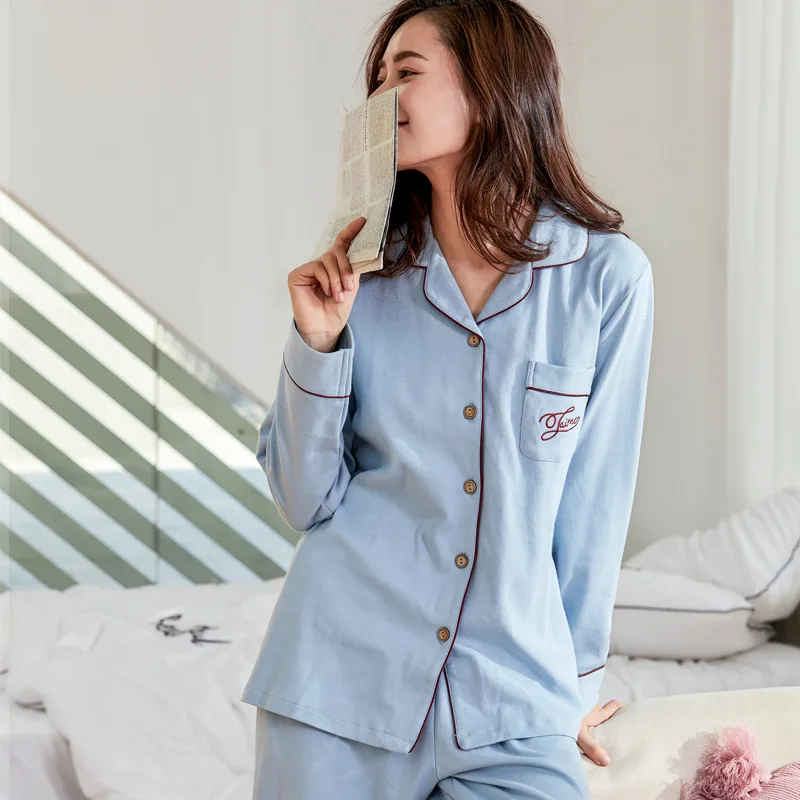 Spring Autumn New Cotton Women's Pajamas Set New Cardigan Lapel Nightgown Simple Long Sleeve Nightwear Home Wear Sleepwear