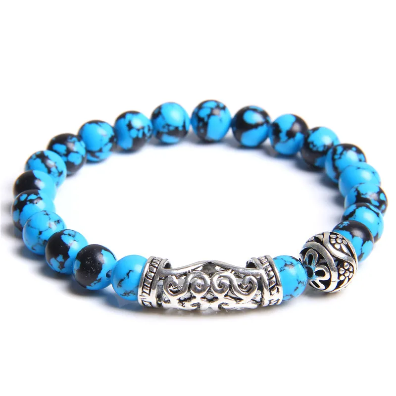 Мужской браслет из натурального камня 8 мм с бирюзой и шариками кубического