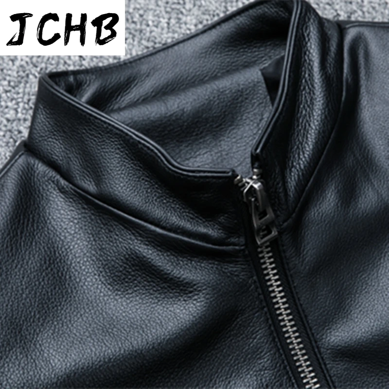 

2021 Genuine Male Cowhide Leather Motorcycle Jacket Men Antumn Winter Stand Collar Zipper Leisure Simple Vintage Biker Coats