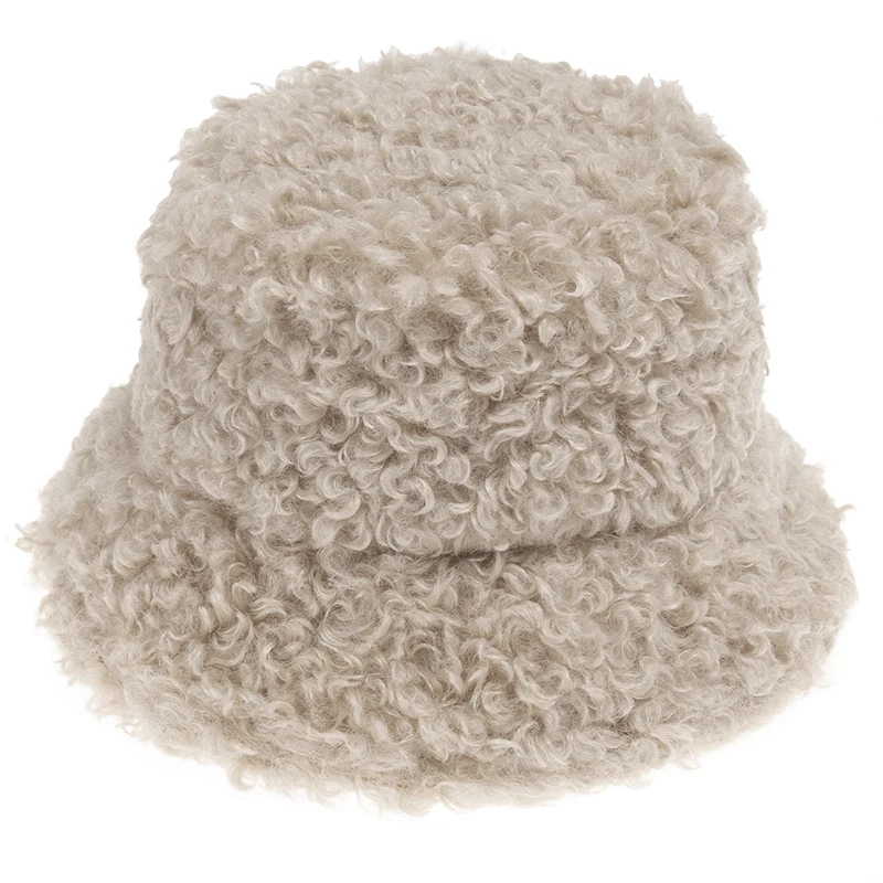 FOXMOTHER New Outdoor Warm Lamb Faux Fur Bucket Hat Black Solid Fluffy Fishing Cap Panama Bob Fisherman Gorros Women Winter 2020
