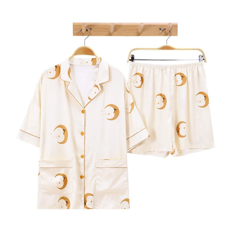 

Plus Size Pj Set Pyjamas Summer New Cartoon Silk Satin Pajamas Couple Set Short Sleeve Trousers Button-Down Lovers Sleepwear