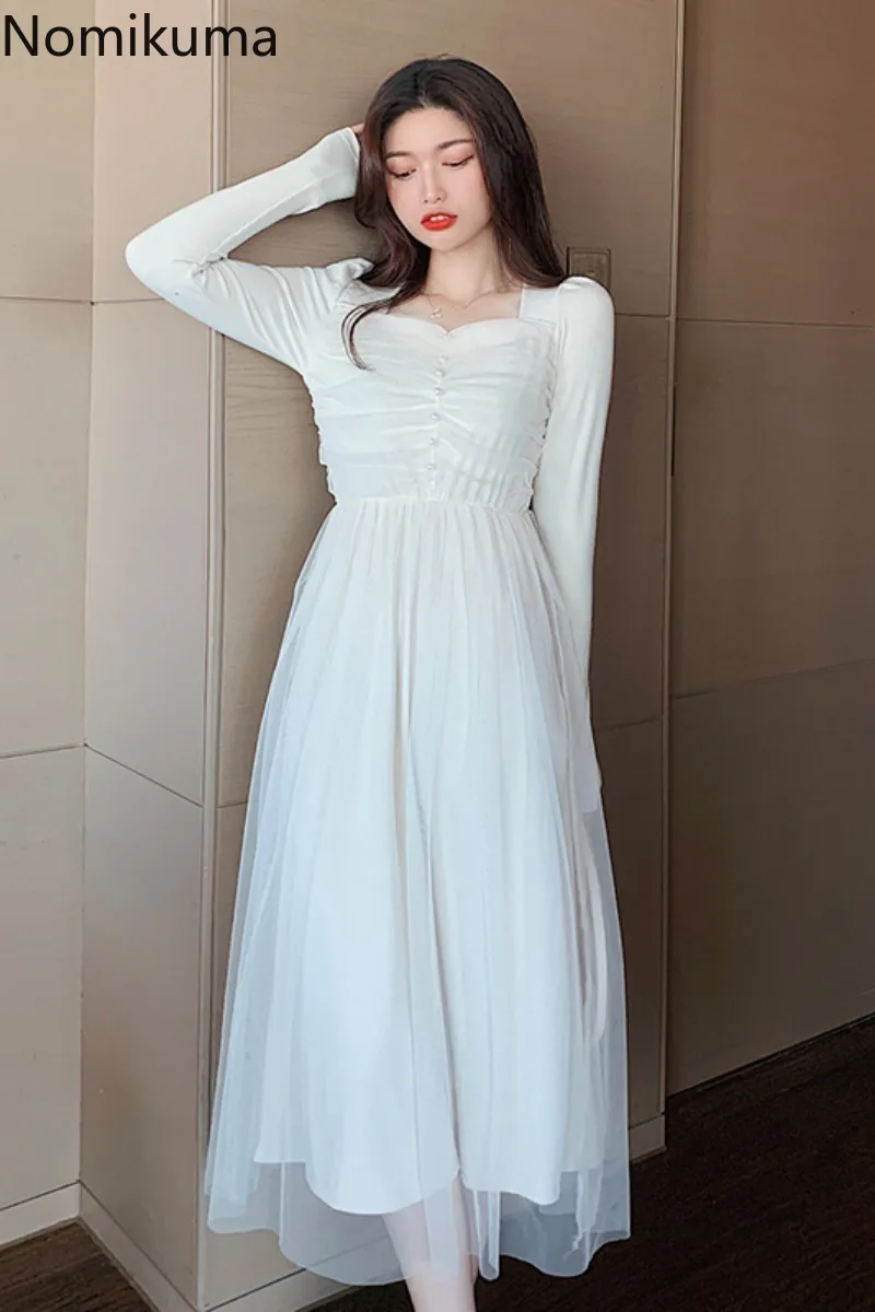 Nomikuma темпераментные элегантные марлевые платья осень новый квадратный воротник