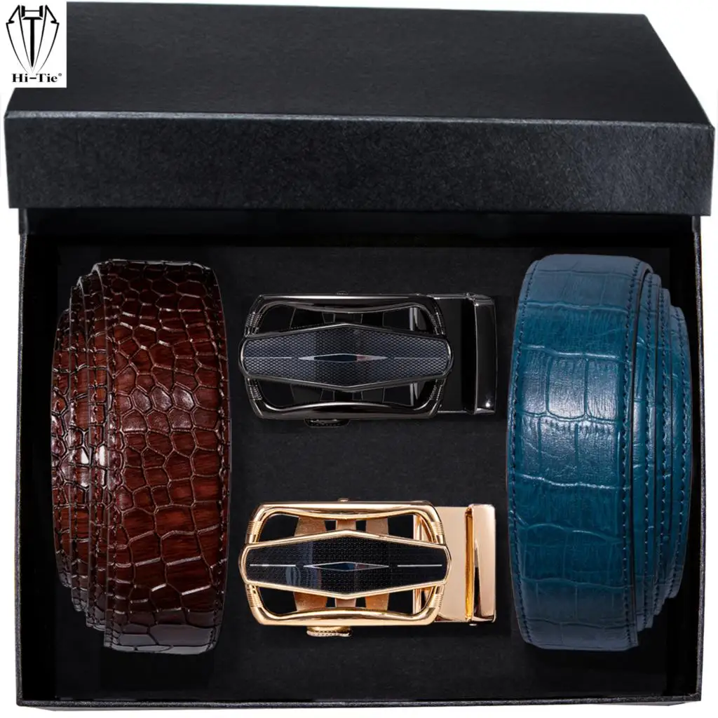

Designer Mens Belts Set Automatic Buckles Waist Belt With Gift Box Blue Reddish Brown Leather Strap for Men Dress Jeans Wedding