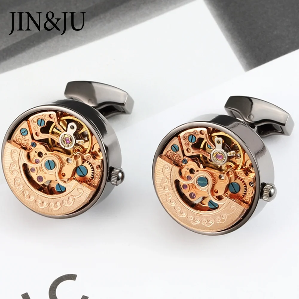 

JIN&JU Black Color Watch Movement Cufflinks For Mens Luxury Cuff Buttons With Gfit Box запонки мужские Spinki Do Mankietów