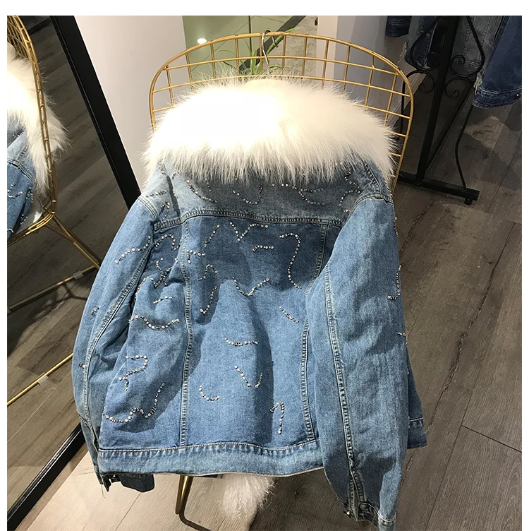 

Women Coats 2020 Winter Natural Real Rex Rabbit Inner Jacket Female Large Fur Collar Of Raccoon Denim Outerwear