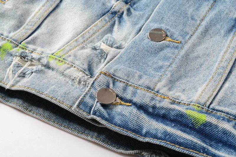 

KIMSERE Men Hi Street Ripped Painted Jean Jackets With Holes Fashion Streetwear Destroyed Denim Trucker Outerwear Brand Designer