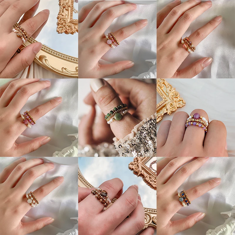 

Bohemian Natural Stone Rings for Women with Stainless Steel Beads Elastic Rope Freshwater Pearl Rings Fashion Jewelry Adjustable