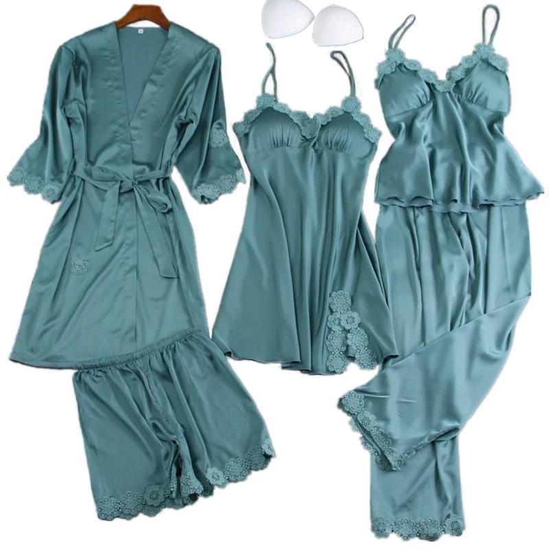 

Satin Lace Pajamas Set Sexy 5PCS Women Strap Pijamas Sleepwear Casual Female Silk Sleep Suit Nightwear with Chest Pads Home Wear