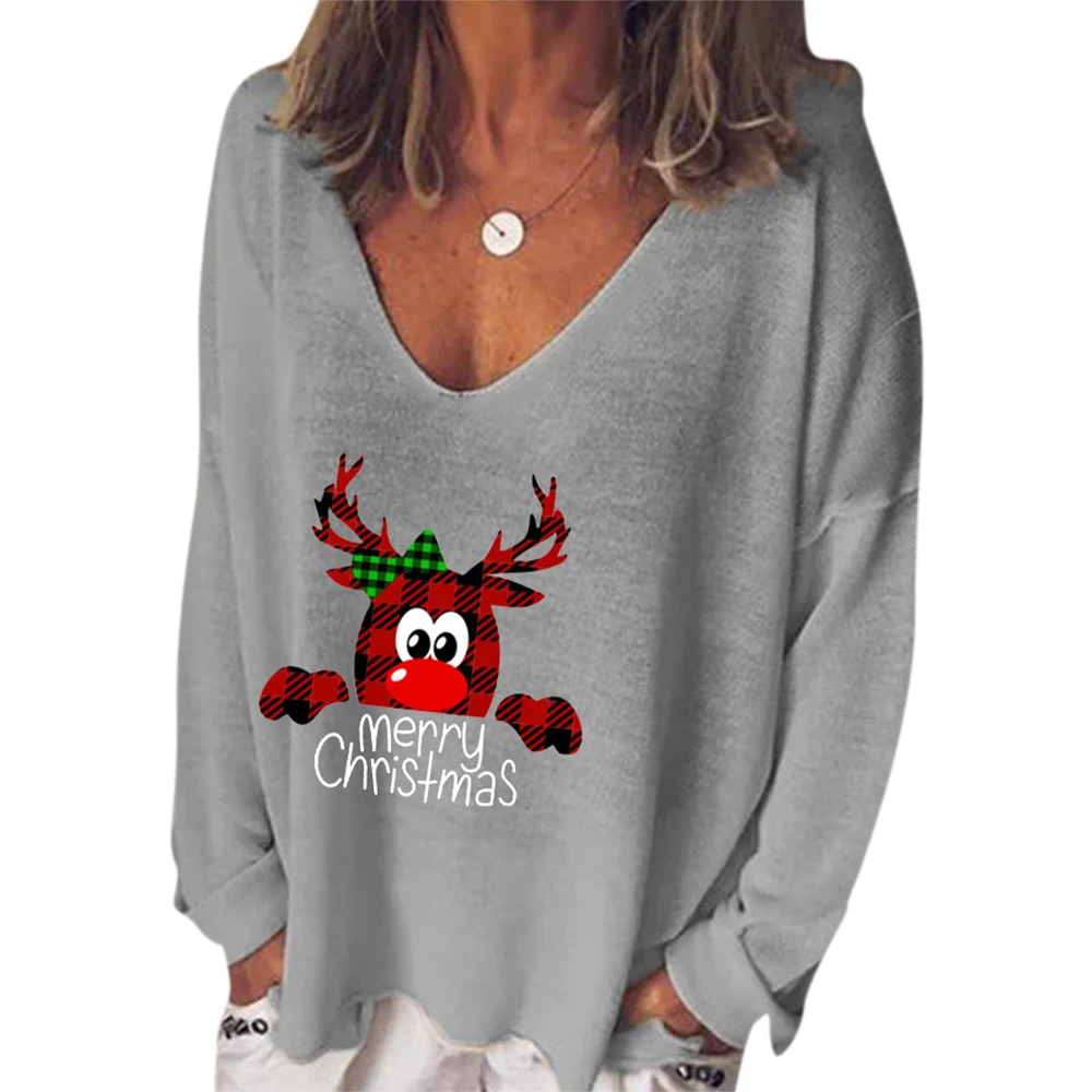 

#w 5XL Merry Christmas Printed T-Shirt for Women Plus Size V Neck Long Sleeve Tops Loose Comfortable Lady christmas shirt