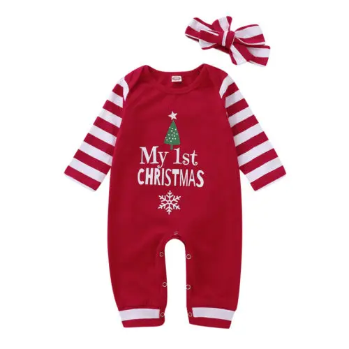 

Infant Baby Girls My 1st Christmas Romper Bodysuit Stripes Headband Outfits Set