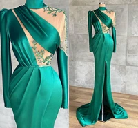 robe de soriee sexy sheer sleeve high neck mermaid evening dresses slit dubai green satin long formal prom gowns 2021