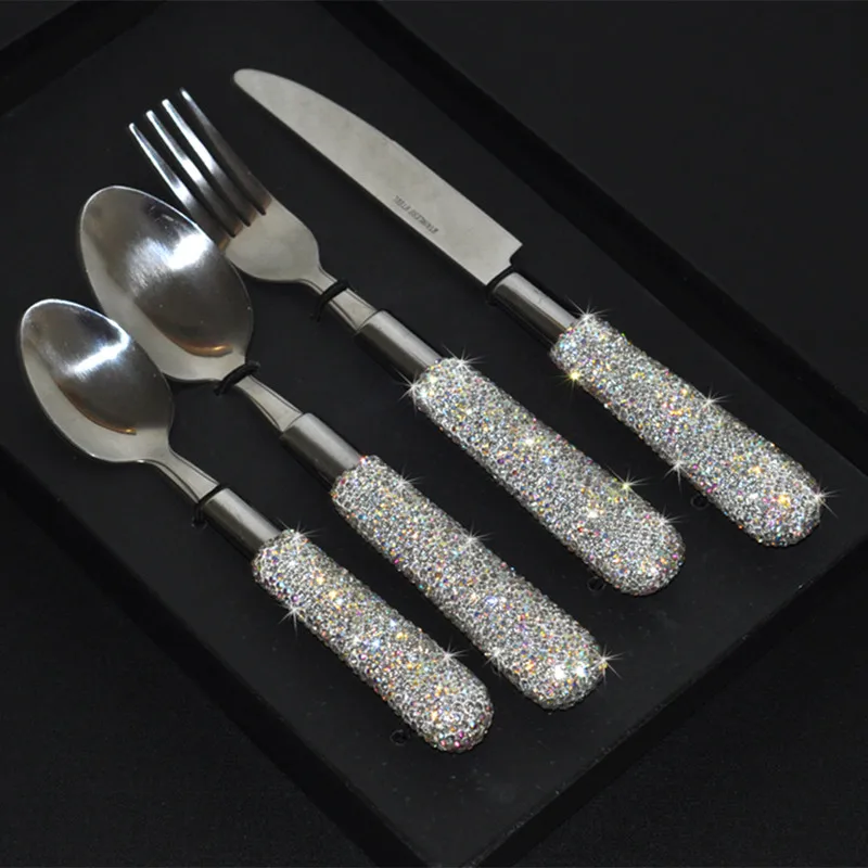 

Stainless Steel Tableware Set With Crystal Sparkle Handle Cutlery Kit Steak Knife Fork Spoon Flatware Set Dinnerware Sets