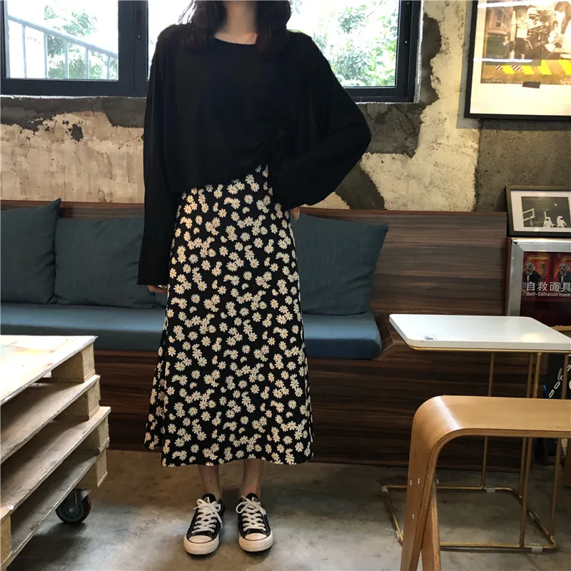 

Summer Vintage Floral Print Ruffle kawaii saia dropshipping falda long Harajuku Women Korean Streetwear Elastic Waist midi skirt