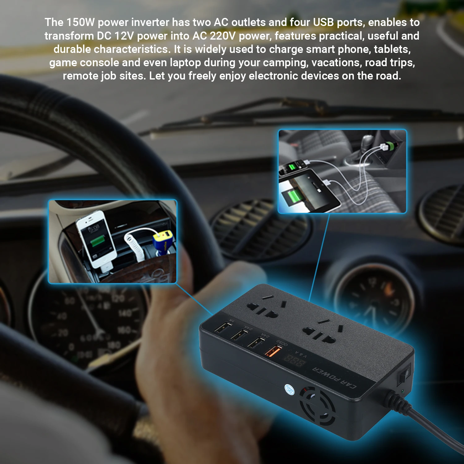 Автомобильный инвертор с портом USB 150 Вт 12 В постоянного тока в 220 переменного |