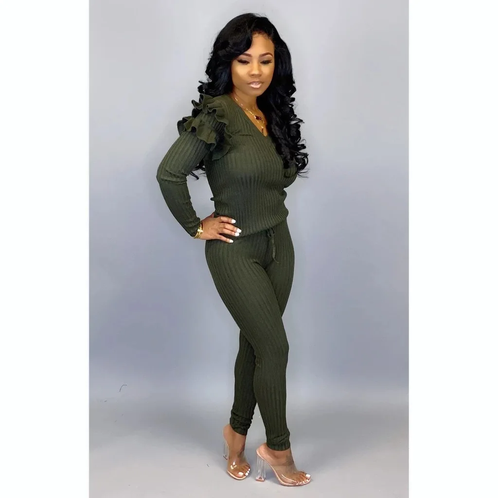 QILI Plus Size Two Piece Set Jumpsuits Womens Stretch Twill Ruffles Long Sleeve 2 Piece Outfits Casual Jumpsuits Autumn Jumpsuit