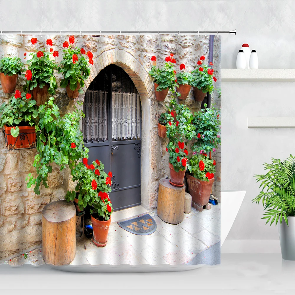 

Retro Alley Street Scenery Shower Curtain Flowers Plant European Style Town Garden Background Wall Decor Cloth Bathroom Curtains