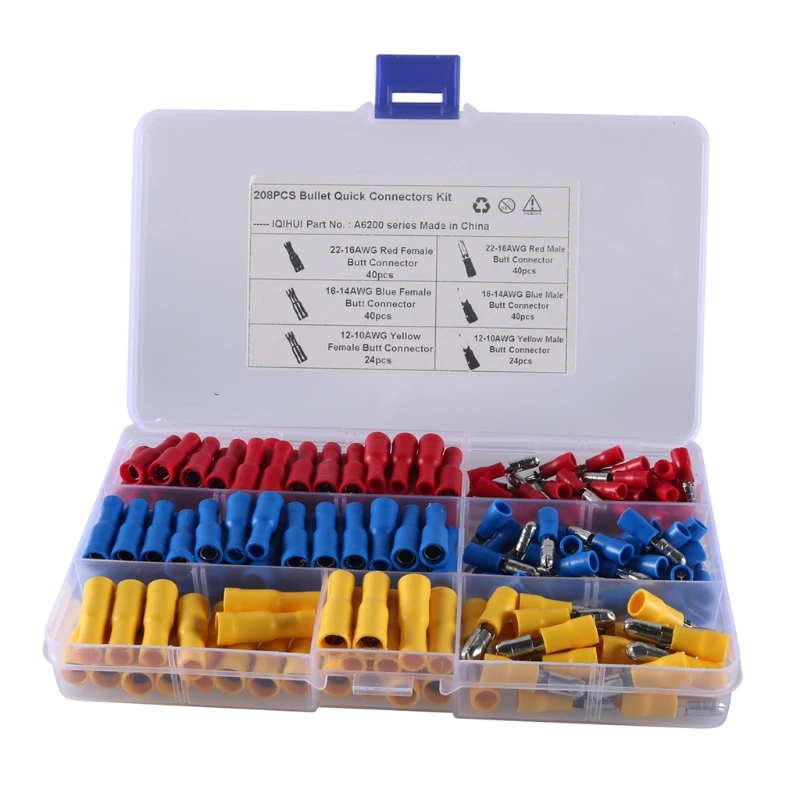 

Car Bullet Terminals Wire Connectors Crimp Female Male Butt Insulated Waterproof Electrical Connector Kit 120/208/300pcs T21E