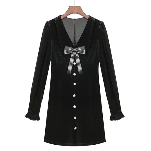 TingYiLi Black Velvet Dress Autumn Winter Long Sleeve Elegant Ladies Dresses Vintage V-neck Short Party | Женская одежда
