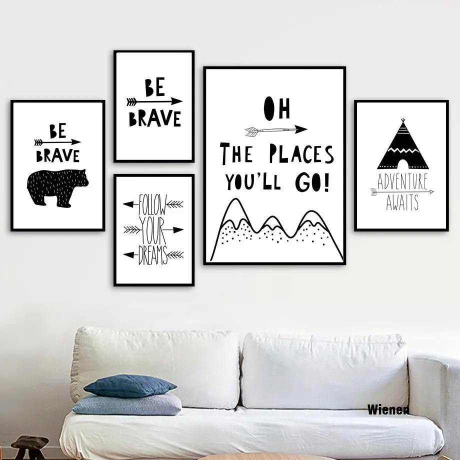 

Cartoon Bear Arrow Brave Quotes Canvas Painting Nordic Wall Art Posters And Prints Black White Wall Picture Baby Kids Room Decor