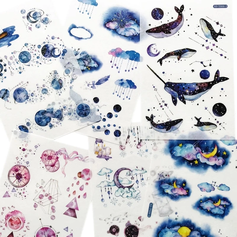 

6 Sheets/Pack Fantasy Moon Star Wale Sticker Adhesive Craft Stick Label Notebook Computer Phone DIY Decor Kids Gift Stationery