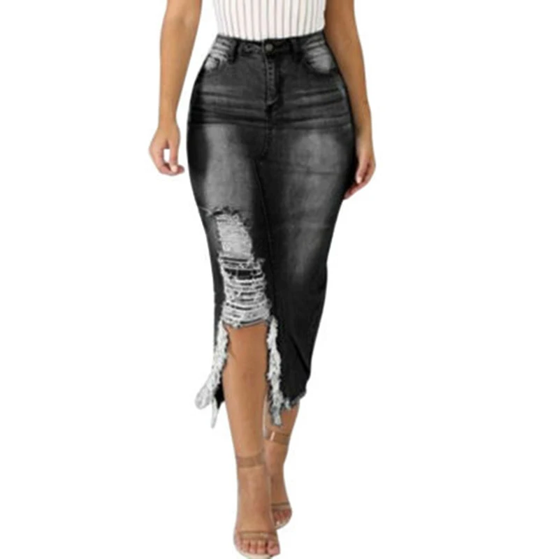 Женская рваная джинсовая юбка с высокой талией новинка 2019 женская сексуальная