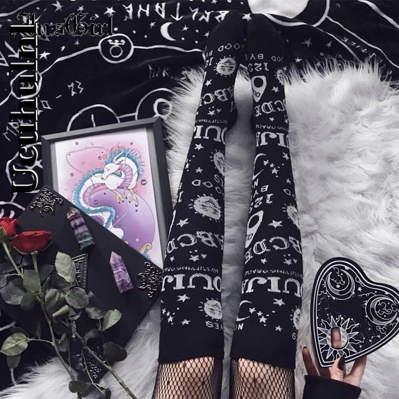 

Ucuhulnl Dark Magic Star Moon Printed Socks Women Gothic Punk Streetwear Mall Goth Harajuku Casual Retro Y2k Black Hosiery