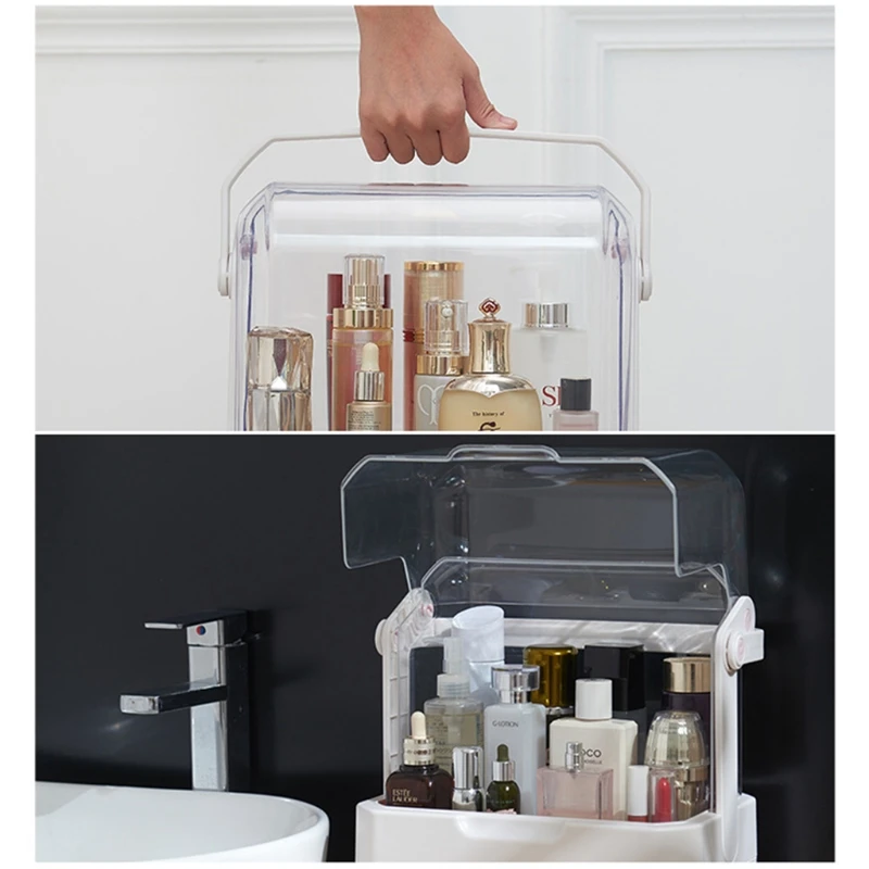 

Lipstick Beauty Organizer Makeup Dustproof Cosmetics Storage Box Skin Care Products Rack Desktop with Handle