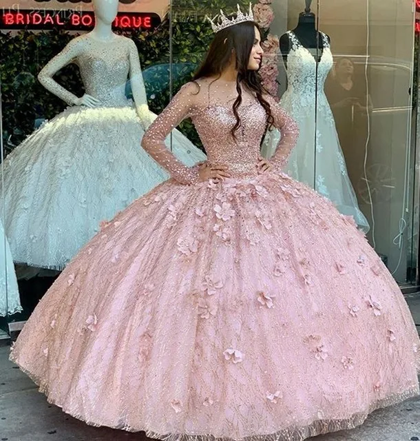 

Light Blue rose gold Ball Gown Quinceanera Dresses Bridal Gowns jewel neck Long Sleeve Sweet 16 Dress vestidos de xv aos anos