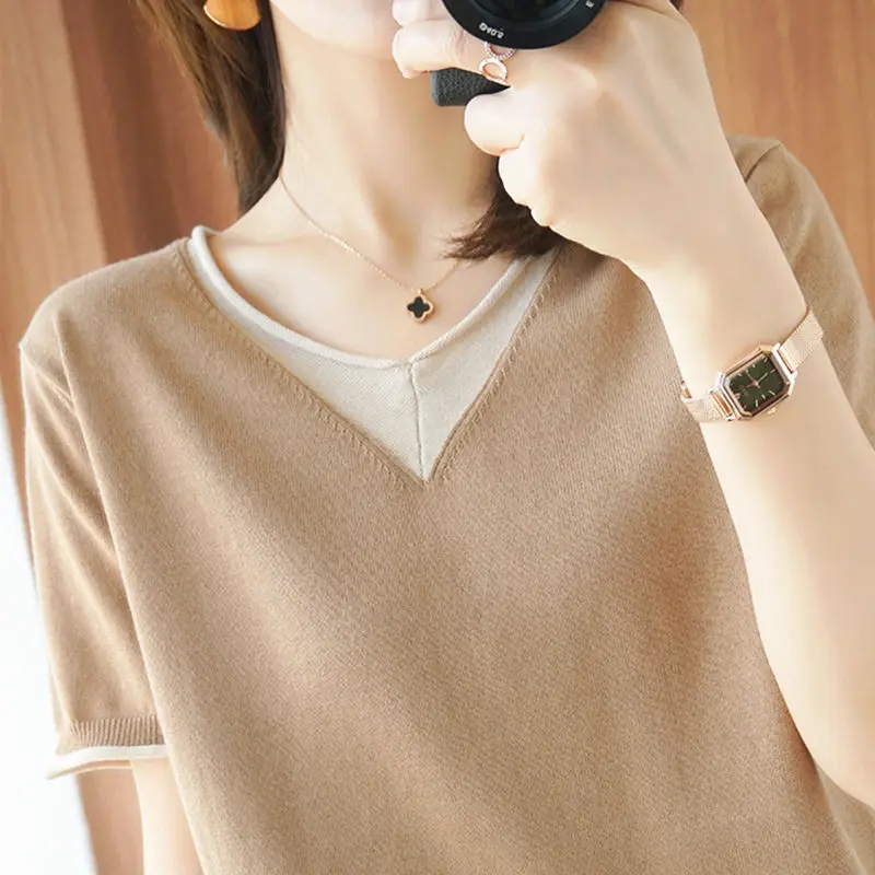 

Pure cotton summer women's new V-neck loose top women's knitted short sleeve bottom coat