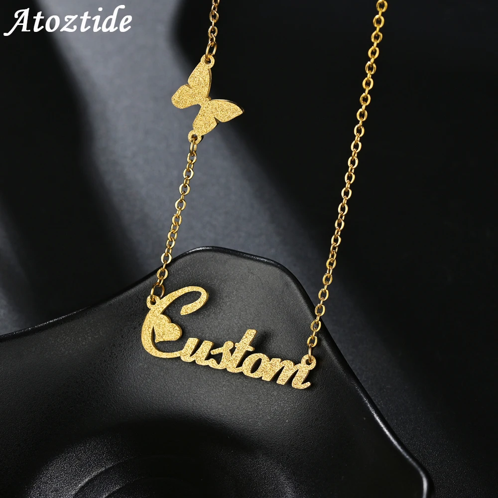 Atoztide New Customized Stainless Steel Frosted Name Necklace Personalized Letter Gold Butterfly Choker Pendant Nameplate Gift