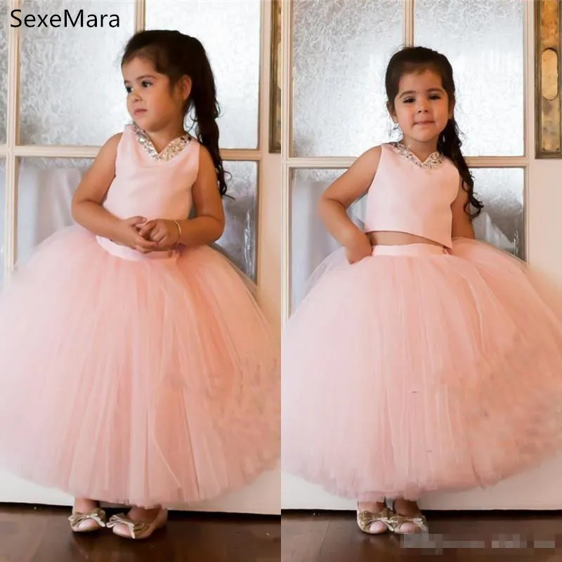 Pink Puffy Tulle Flower Girl Dress Two Pieces Kids Clothes Birthday Party Dress Ball Gown 1-14Years