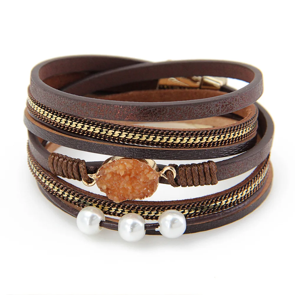 

European And American Popular Retro National Style Magnetic Alloy Leather Rope Woven Freshwater Pearl Gravel Bracelet