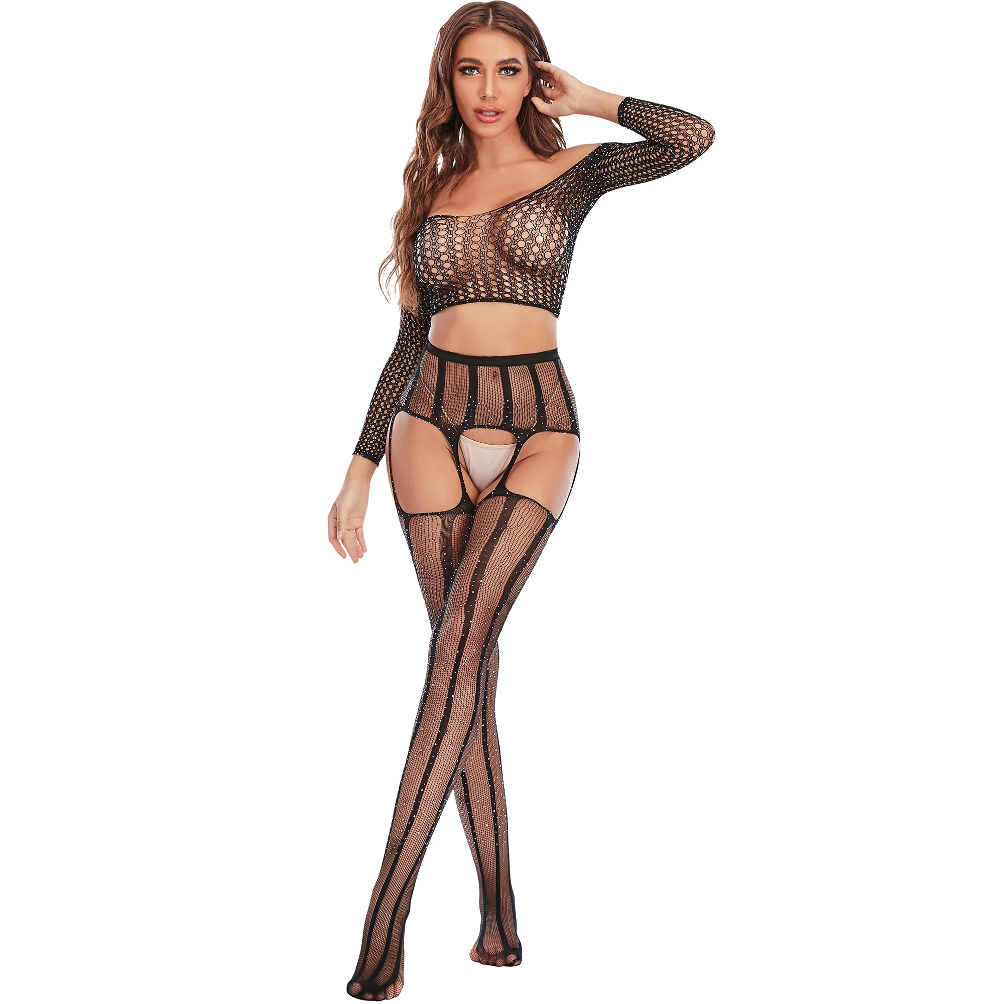 

Lingerie sexy hot transparent fishnet long sleeve Sequin Rhinestone crystal off shoulder top pantyhose 2 piece suit bodystocking