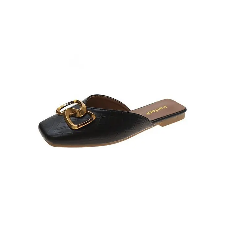 

Shoes Low Slippers Women Summer Square Toe Pantofle Slides Fashion Flat 2021 Luxury Cover PU Rome Fabric Hoof Heels Rubber