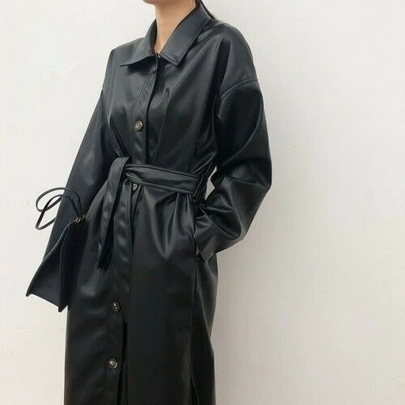 2020 Autumn Winter Cool Faux Leather Long Jacket New Women Fashion Loose Belt Windbreaker Coat Slim Overcoat Oversize Outwear