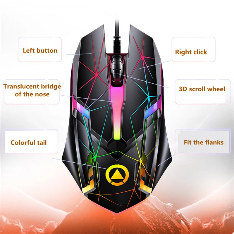 

Colorful Glare Wired Office Gaming Mouse USB Interface 1200DPI Adjustment 3 Buttons 1.28m Optical Mouse for Desktops Laptop