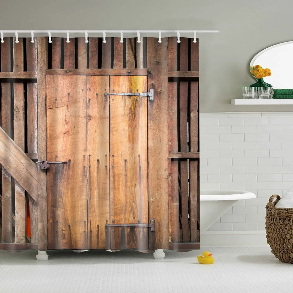 

Retro Shower Curtain 3D Barn Wooden Door Pattern Waterproof Polyester Bathroom Decor Set Shabby Wood Grain Gate Bath Curtains