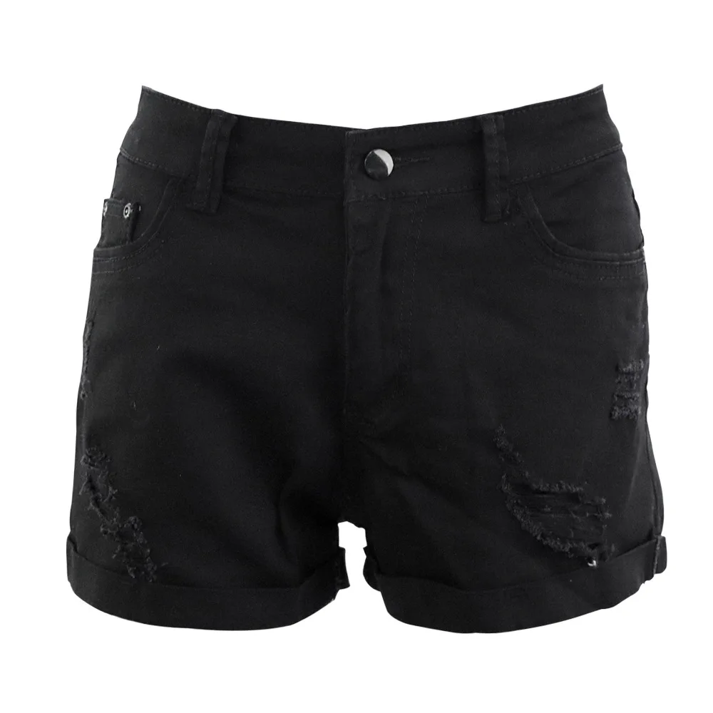 

WEPBEL Summer Fashion High Waist Button Slim Hole Straight Denim Shorts Women's Sexy Solid Color Denim Shorts