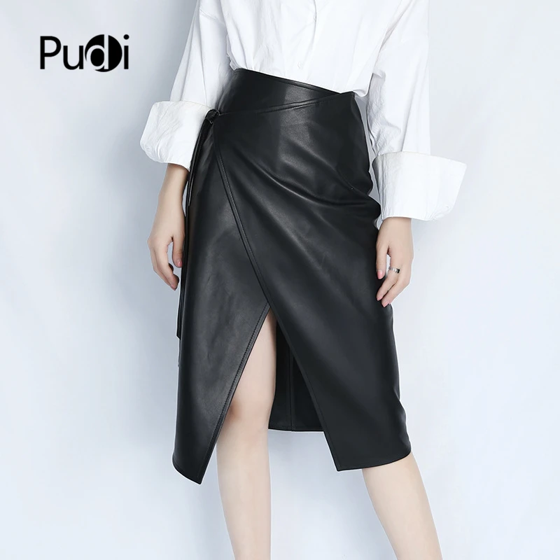 

PUDI Women Genuine Leather Skirt Famele Girl Real Sheep Skin Leather A-line Black color Midi Skirts ST102