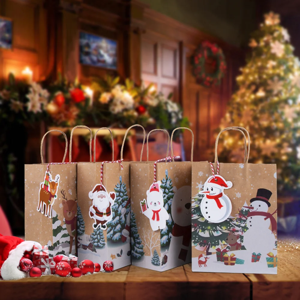 

6Pcs Christmas Paper Bag with Handle Candy Gift Packing Holder Santa Sacks New Year Party Favors Bag Christmas Party Supplies