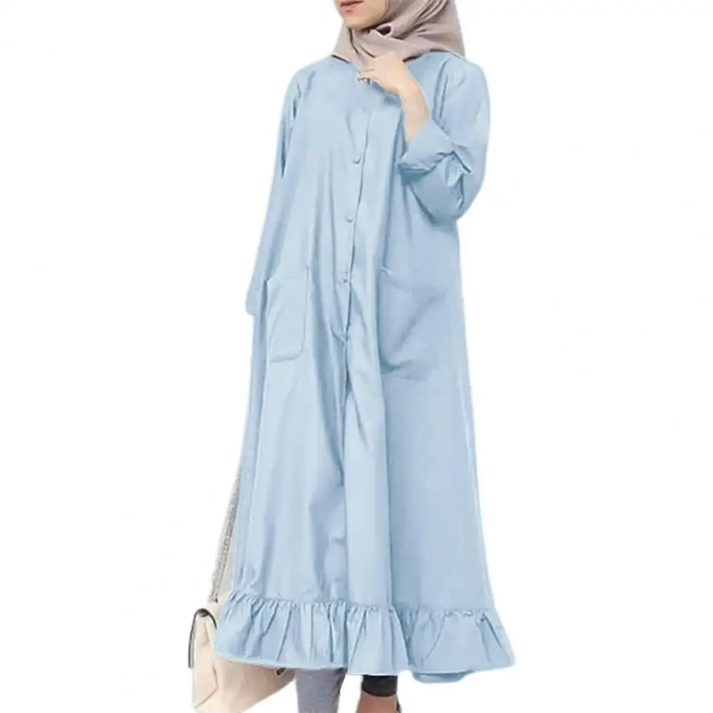 

Платье-рубашка длинное однотонное с воланом, круглым вырезом и длинным рукавом